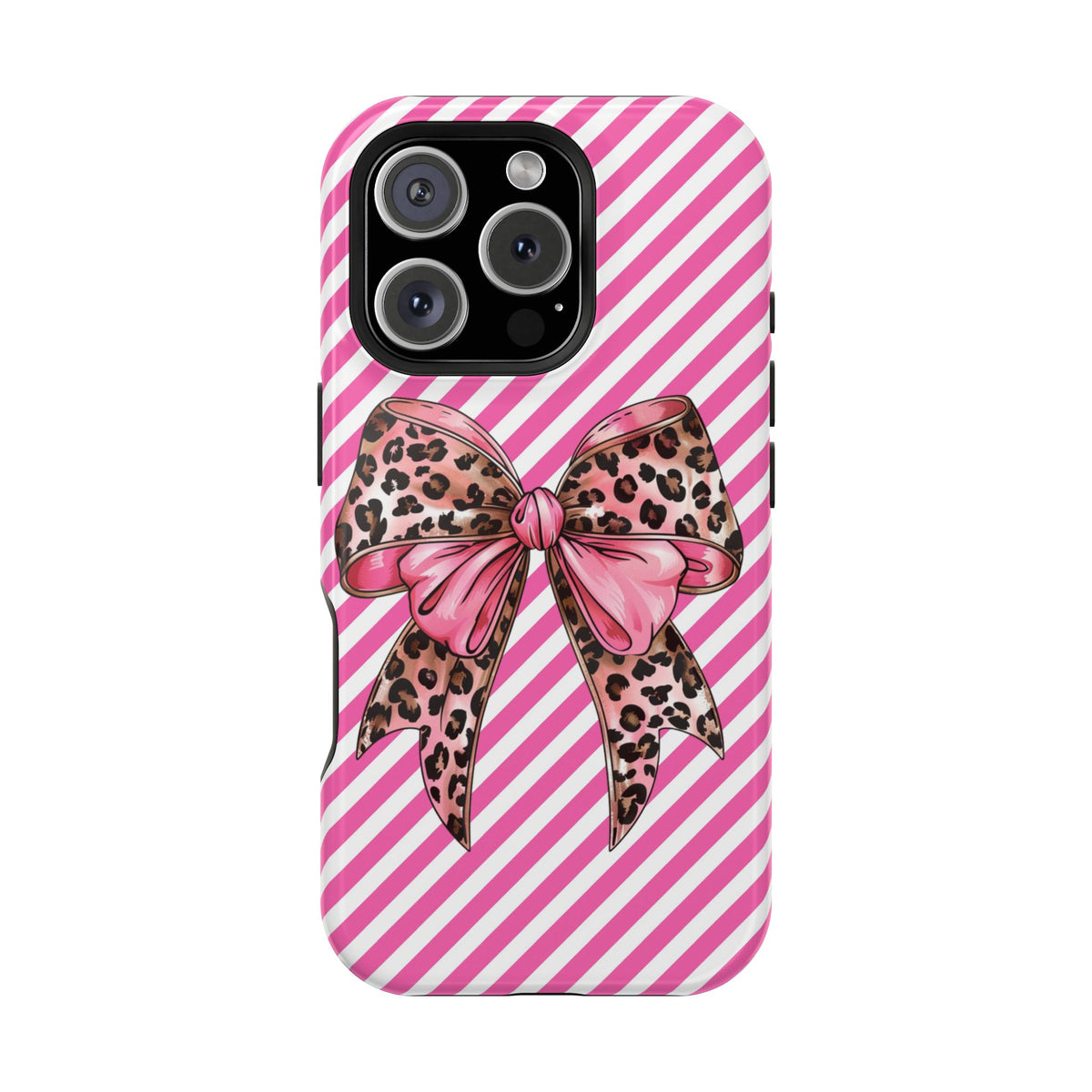 Leopard Bow protective phone case for iPhone 16 Pro, glossy finish