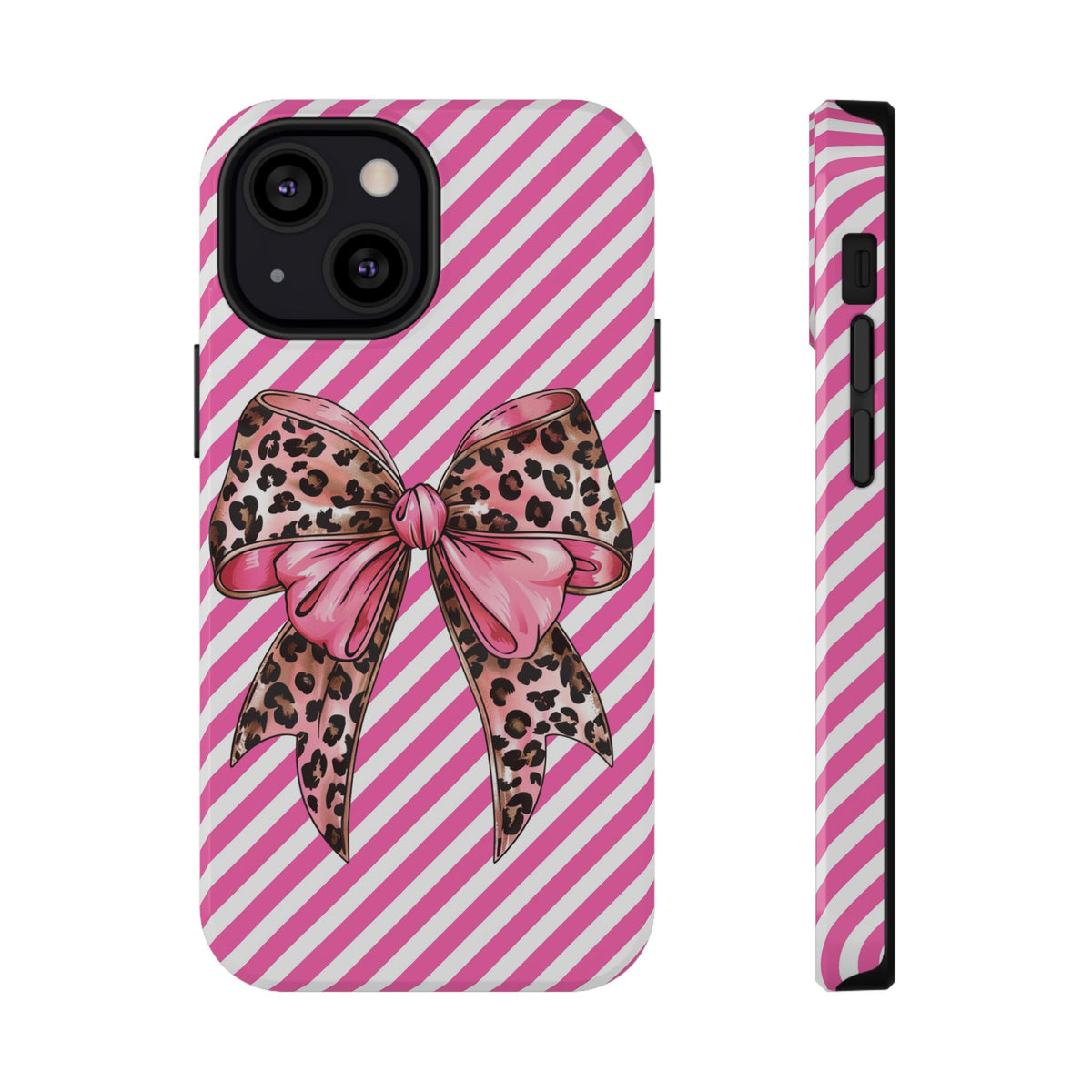 Leopard Bow protective phone case for iPhone 13 Mini, glossy finish