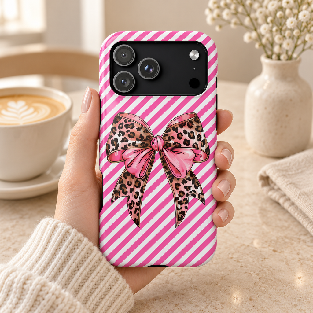 Leopard Bow MagSafe case, a leopard print bow on pink diagonal stripes, lifestyle photo in hand with coffee