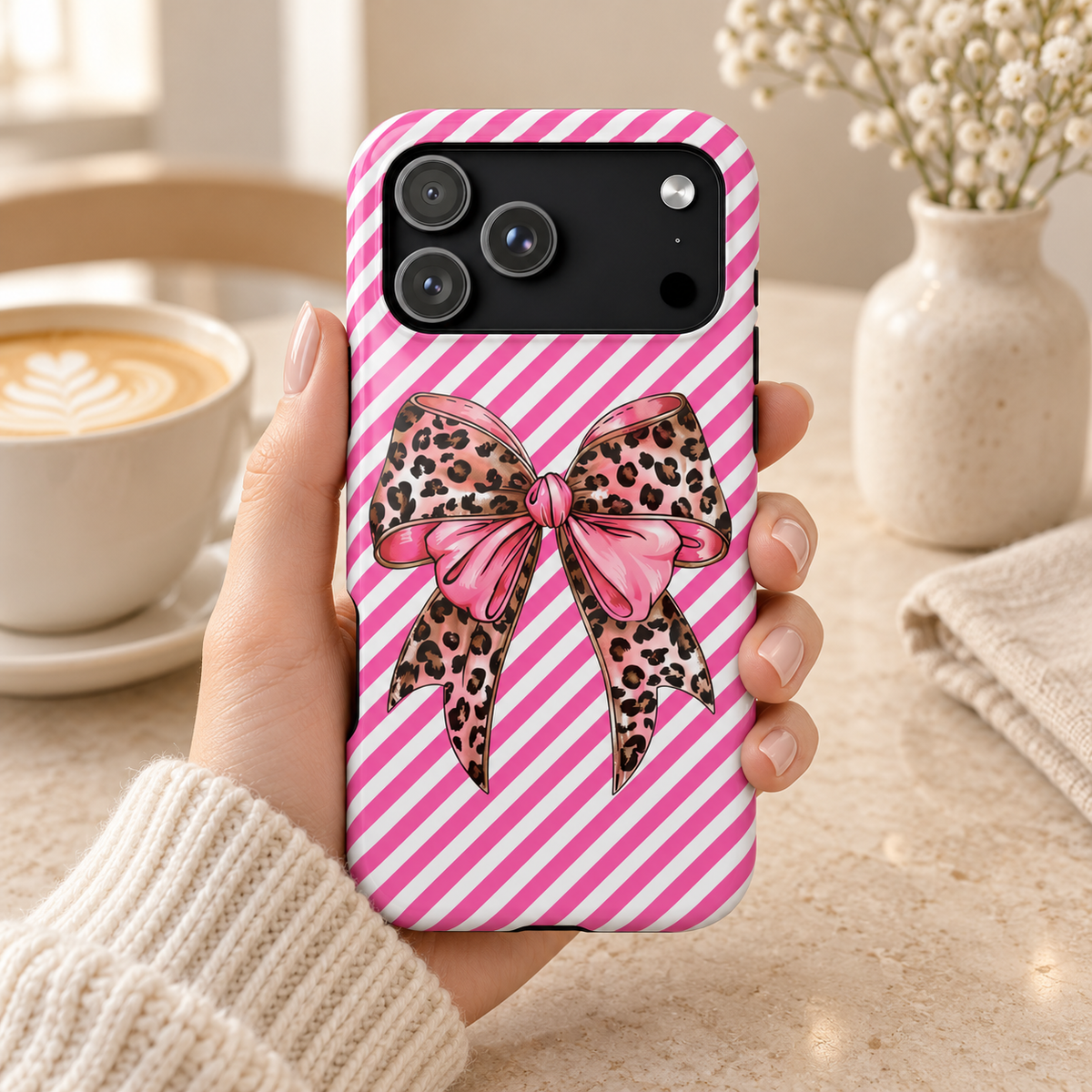 Leopard Bow MagSafe case, a leopard print bow on pink diagonal stripes, lifestyle photo in hand with coffee