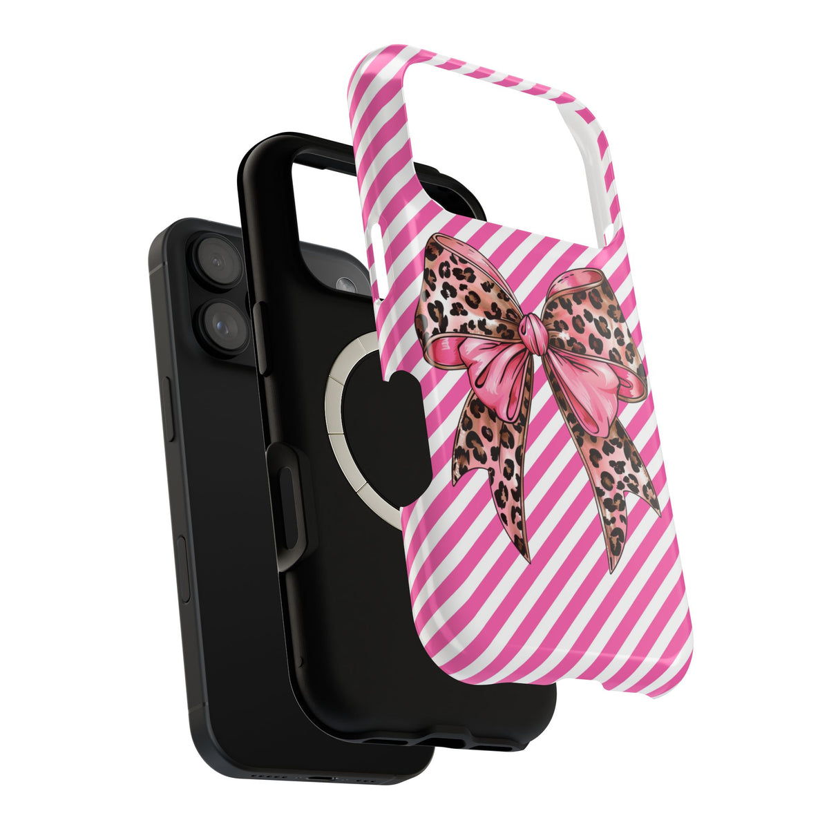 Leopard Bow MagSafe case, close-up of the dual-layer construction
