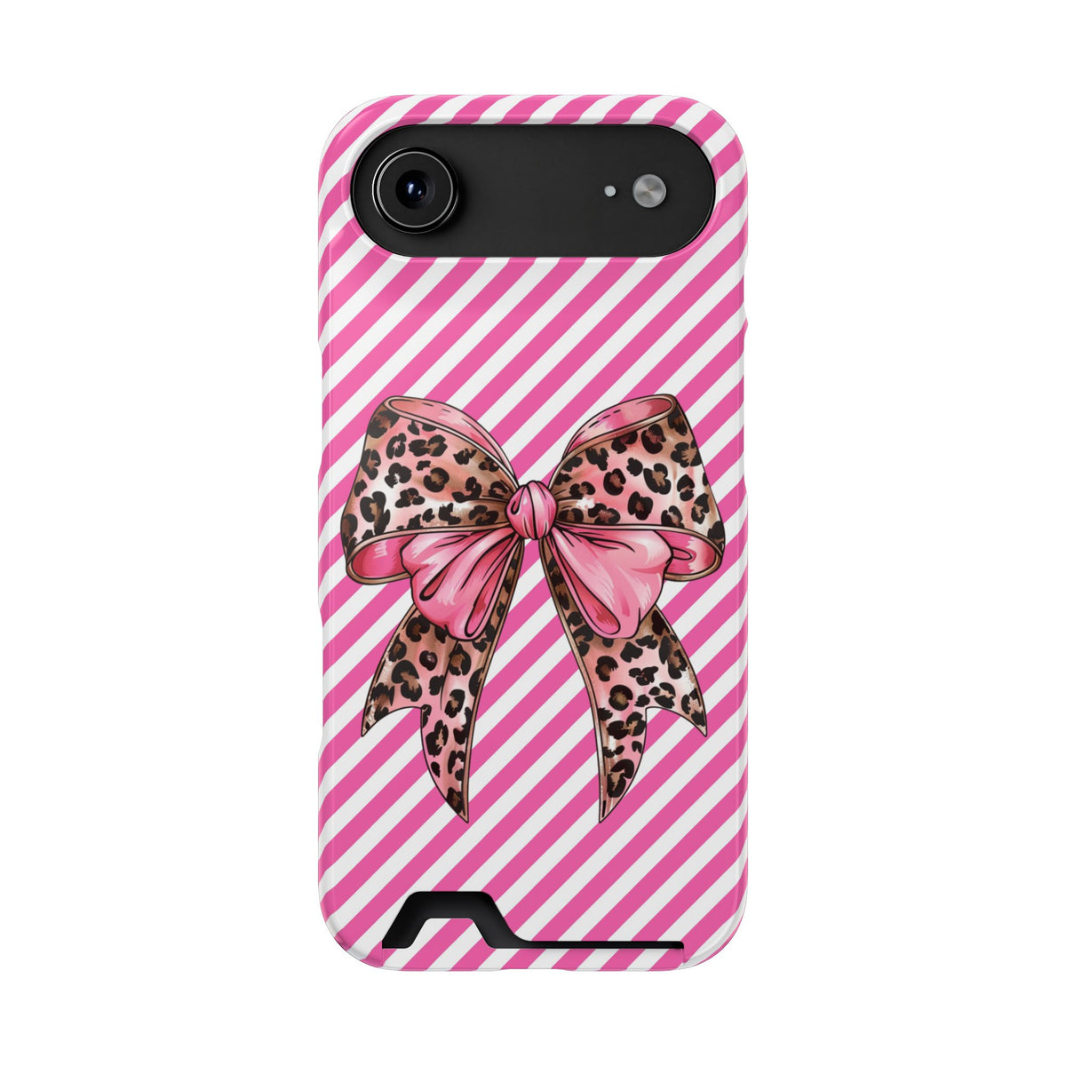 Leopard Bow phone case with card holder for iPhone 17 Air, glossy finish