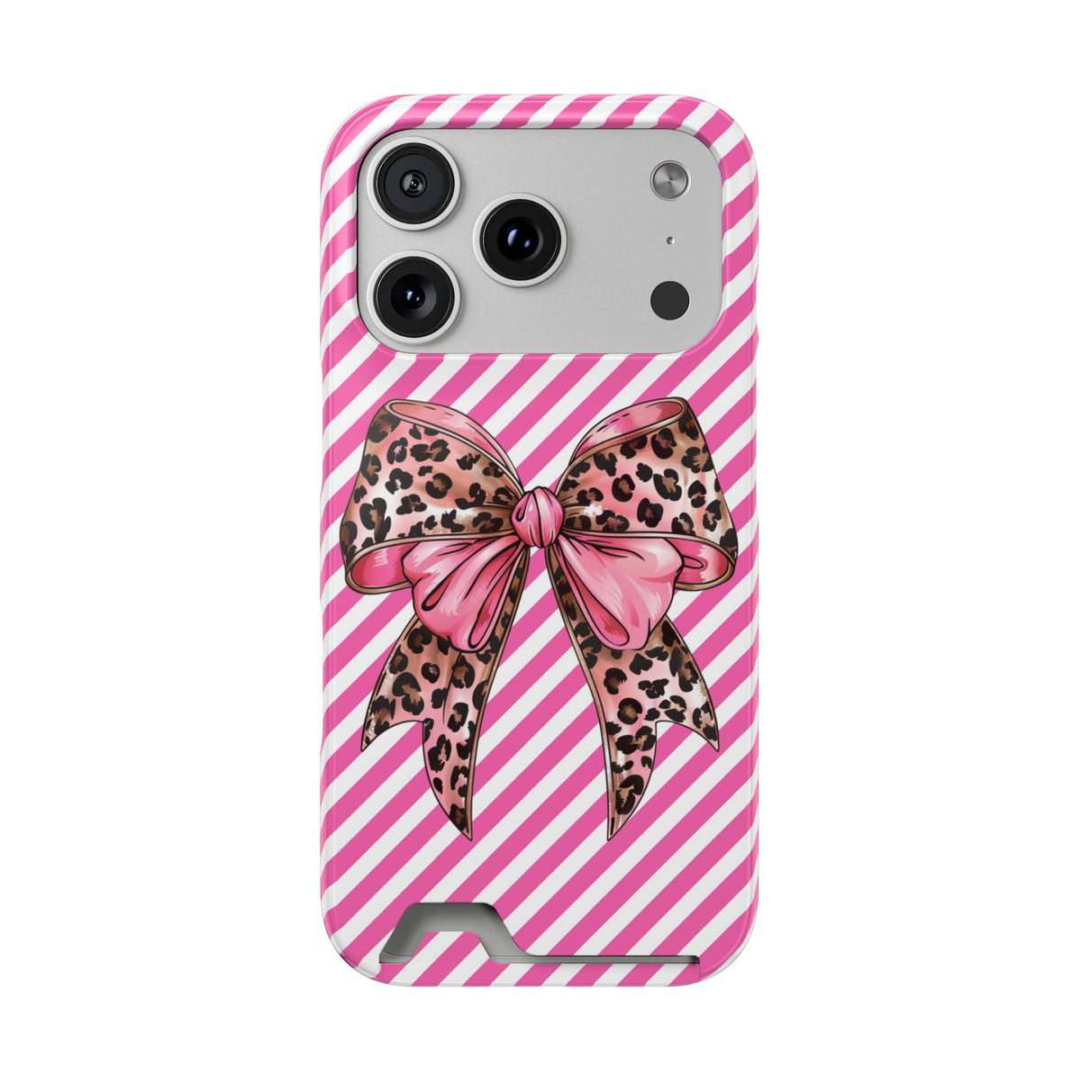 Leopard Bow phone case with card holder for iPhone 17 Pro, glossy finish
