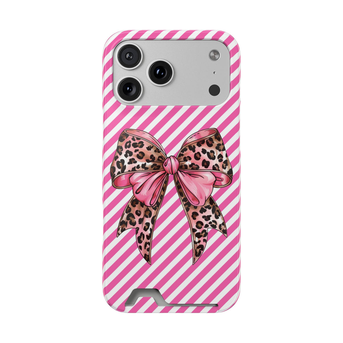 Leopard Bow phone case with card holder for iPhone 17 Pro Max, glossy finish