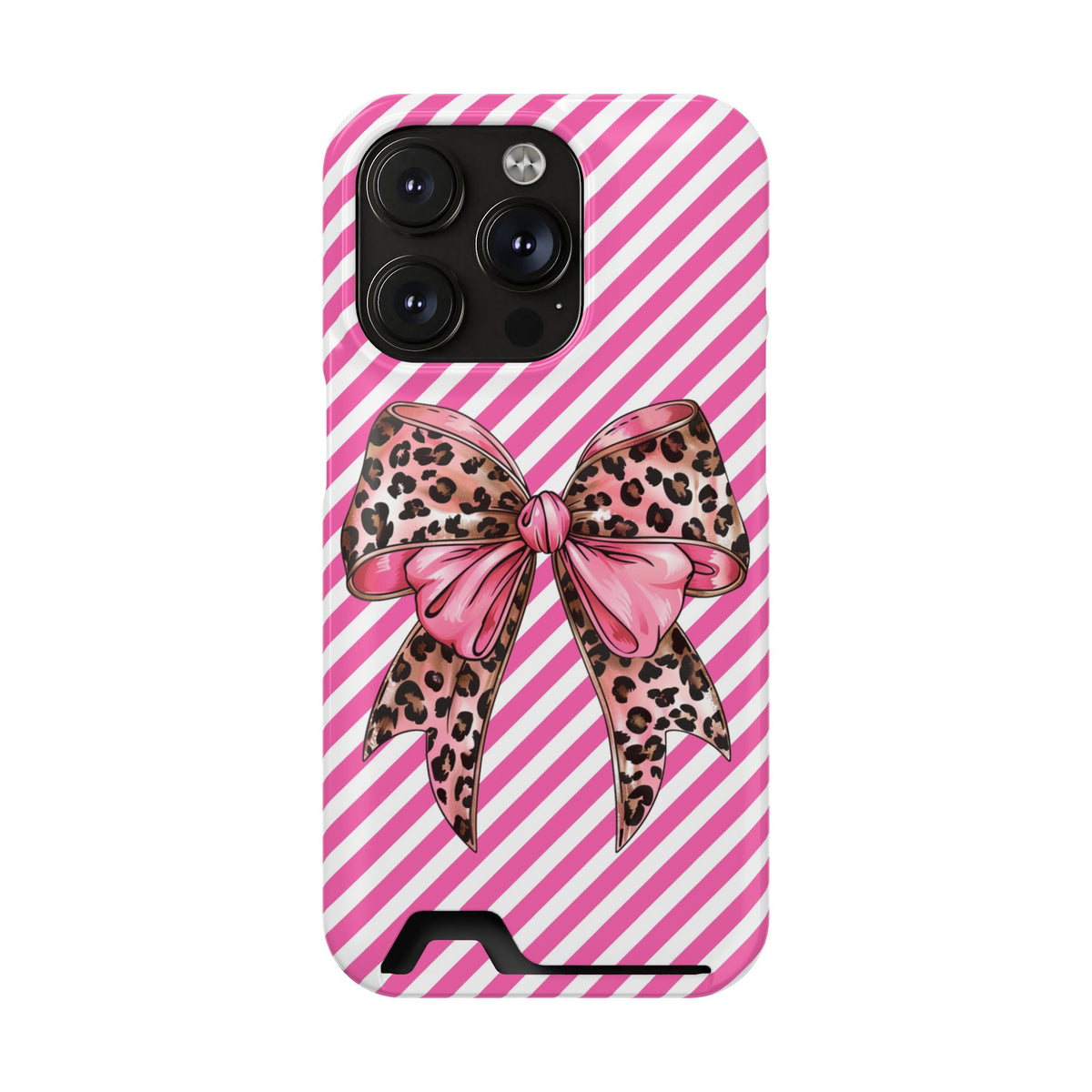 Leopard Bow phone case with card holder for iPhone 14 Pro, glossy finish