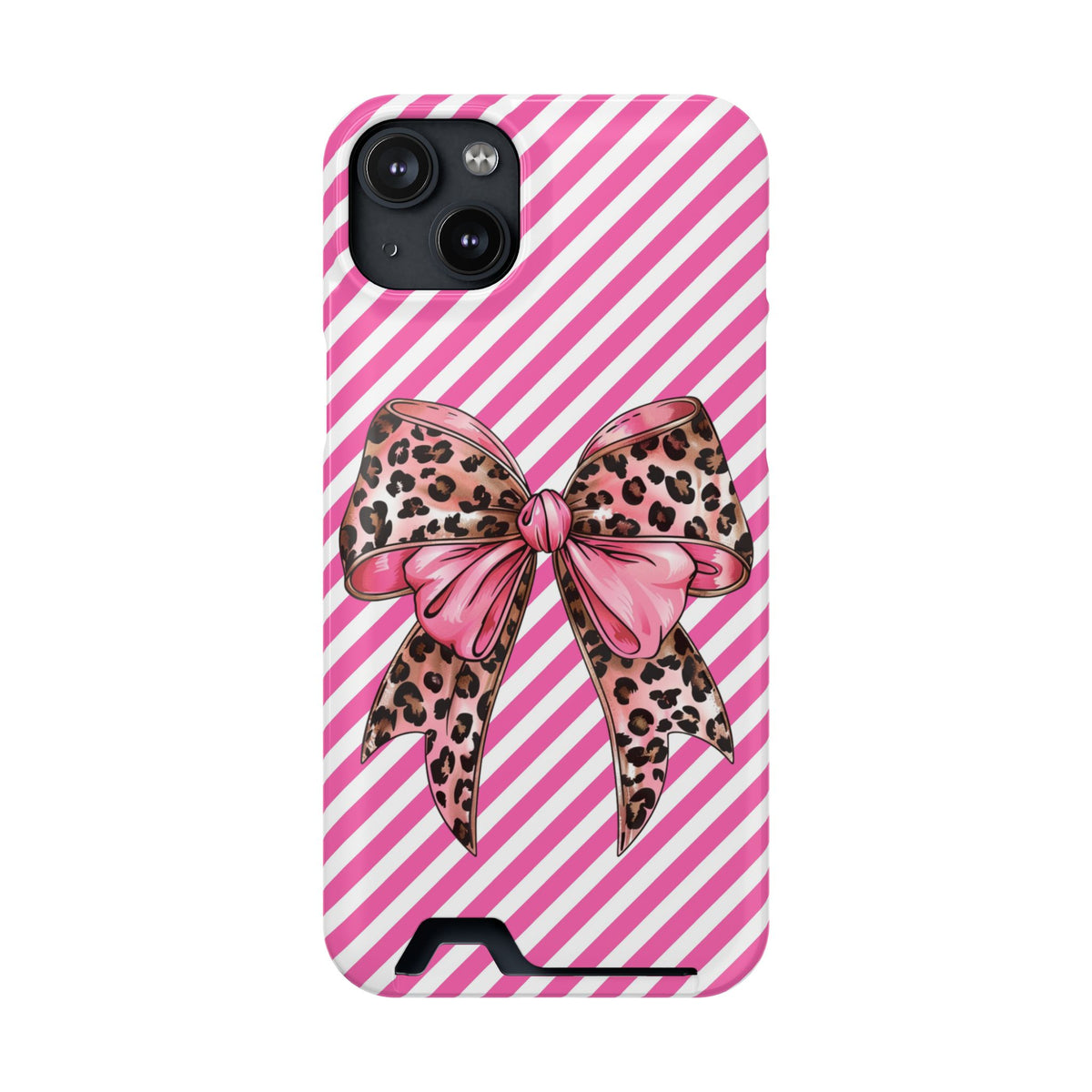 Leopard Bow phone case with card holder for iPhone 14 Plus, glossy finish