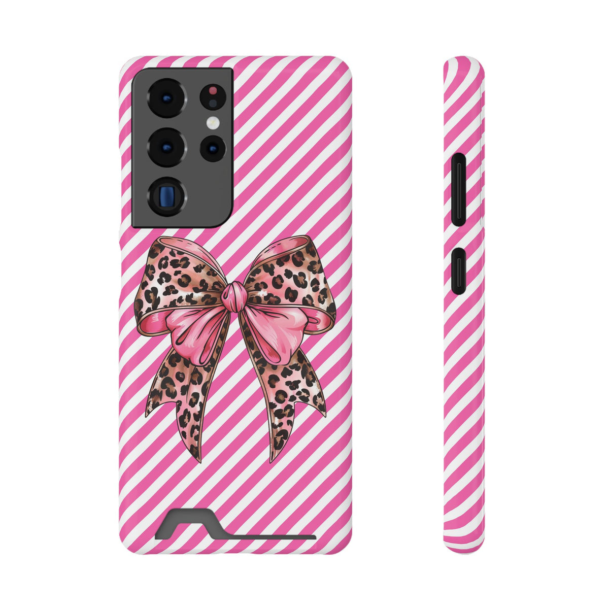 Leopard Bow phone case with card holder for Samsung Galaxy S22 Plus, glossy finish