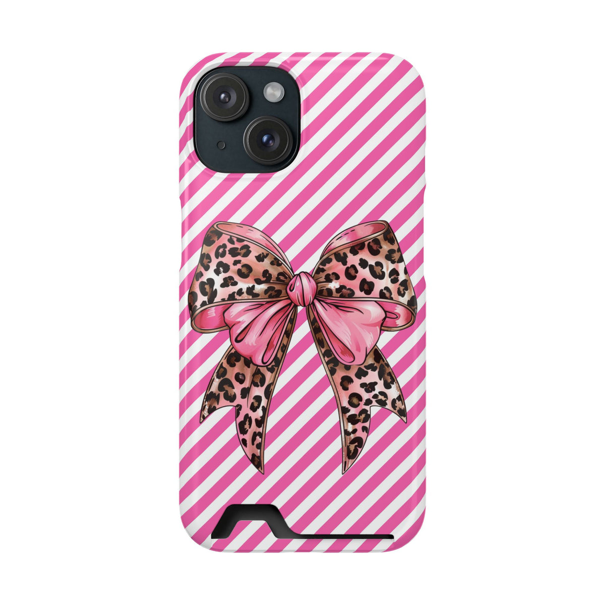 Leopard Bow phone case with card holder for iPhone 15, glossy finish