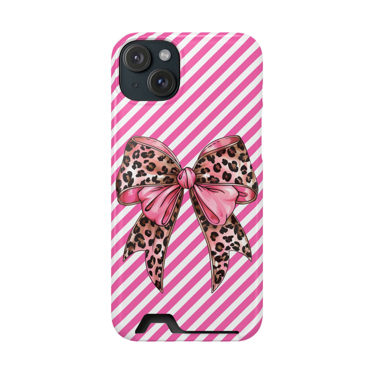 Leopard Bow phone case with card holder for iPhone 15 Plus, glossy finish