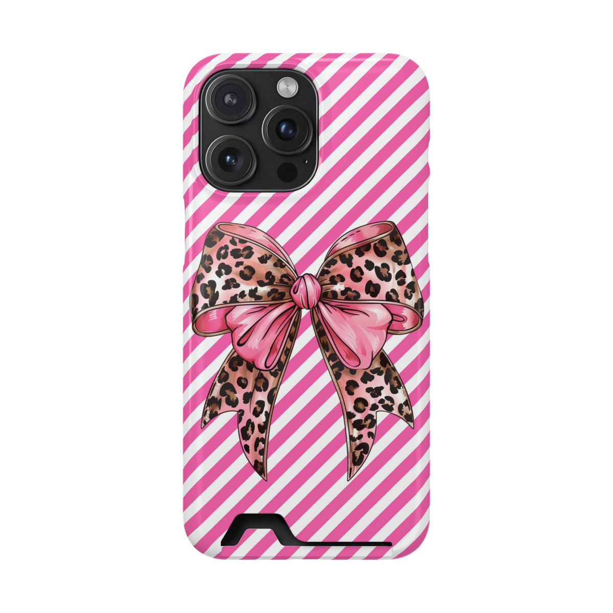 Leopard Bow phone case with card holder for iPhone 15 Pro Max, glossy finish