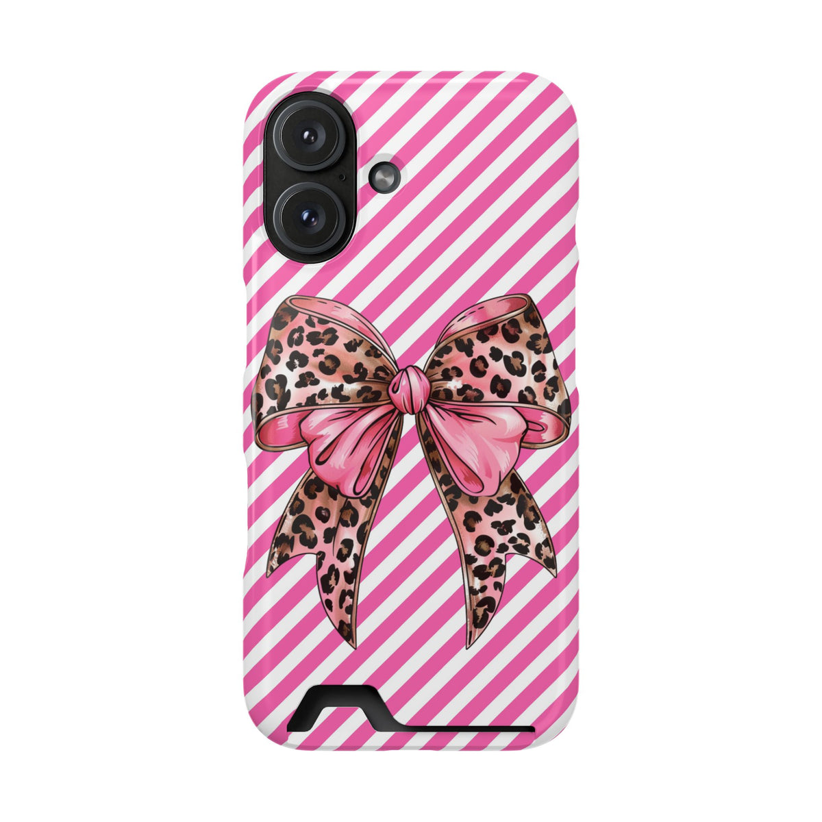 Leopard Bow phone case with card holder for iPhone 16, glossy finish