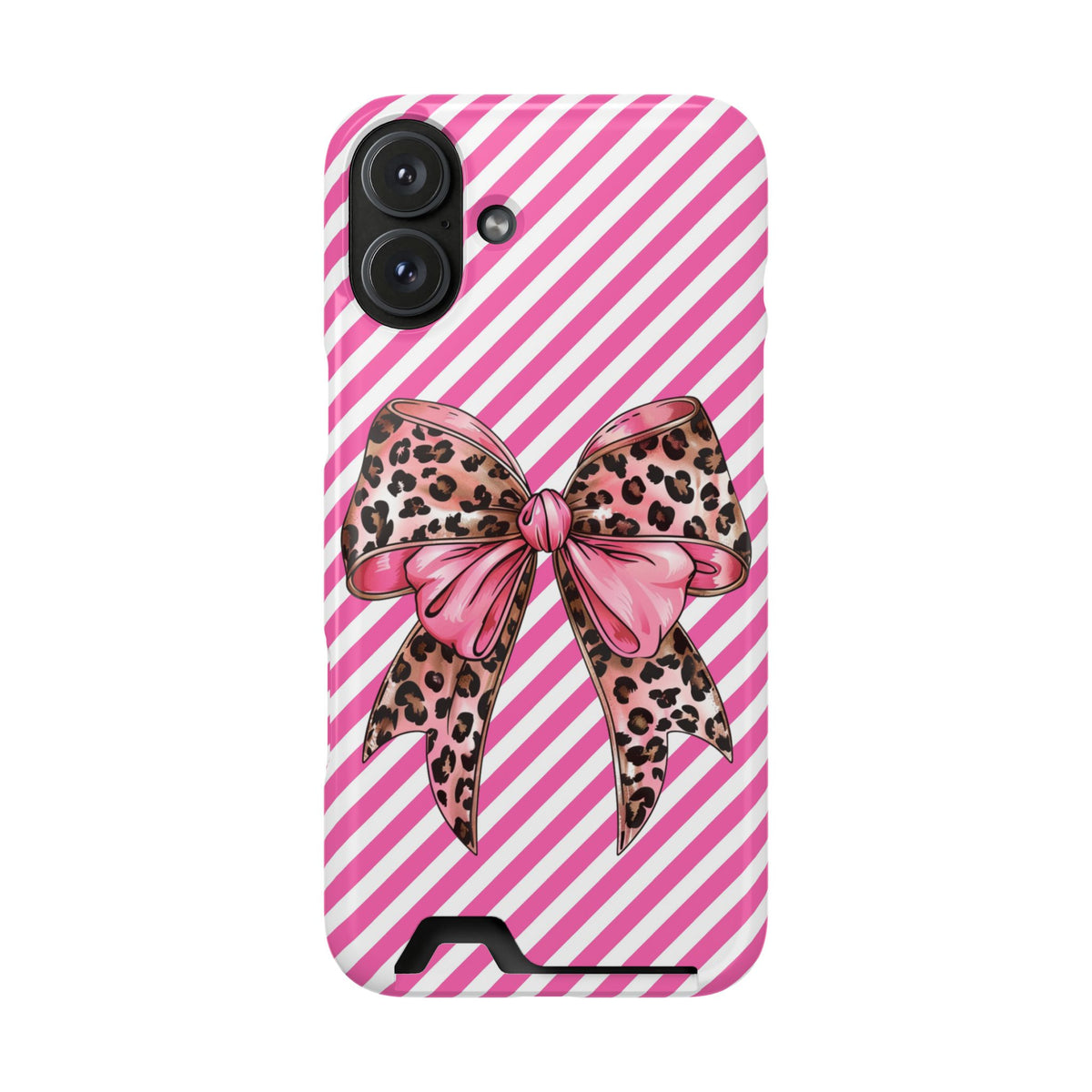 Leopard Bow phone case with card holder for iPhone 16 Plus, glossy finish
