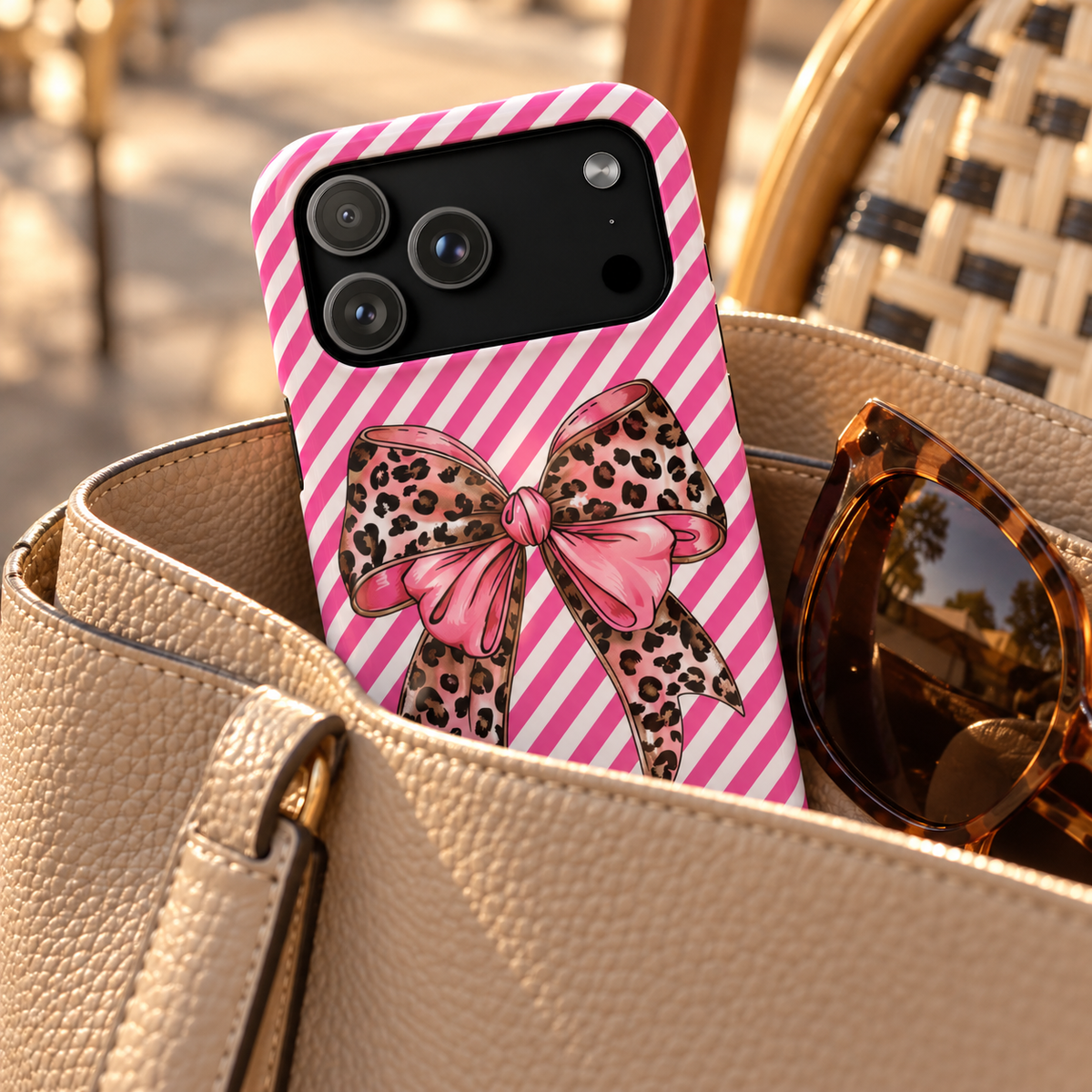 Leopard Bow phone case with card holder, a leopard print bow on pink diagonal stripes, lifestyle photo in a handbag