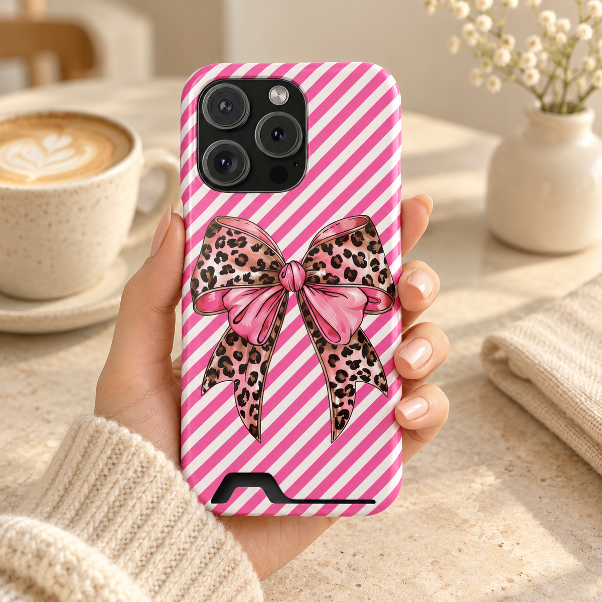 Leopard Bow phone case with card holder, a leopard print bow on pink diagonal stripes, lifestyle photo in hand with coffee