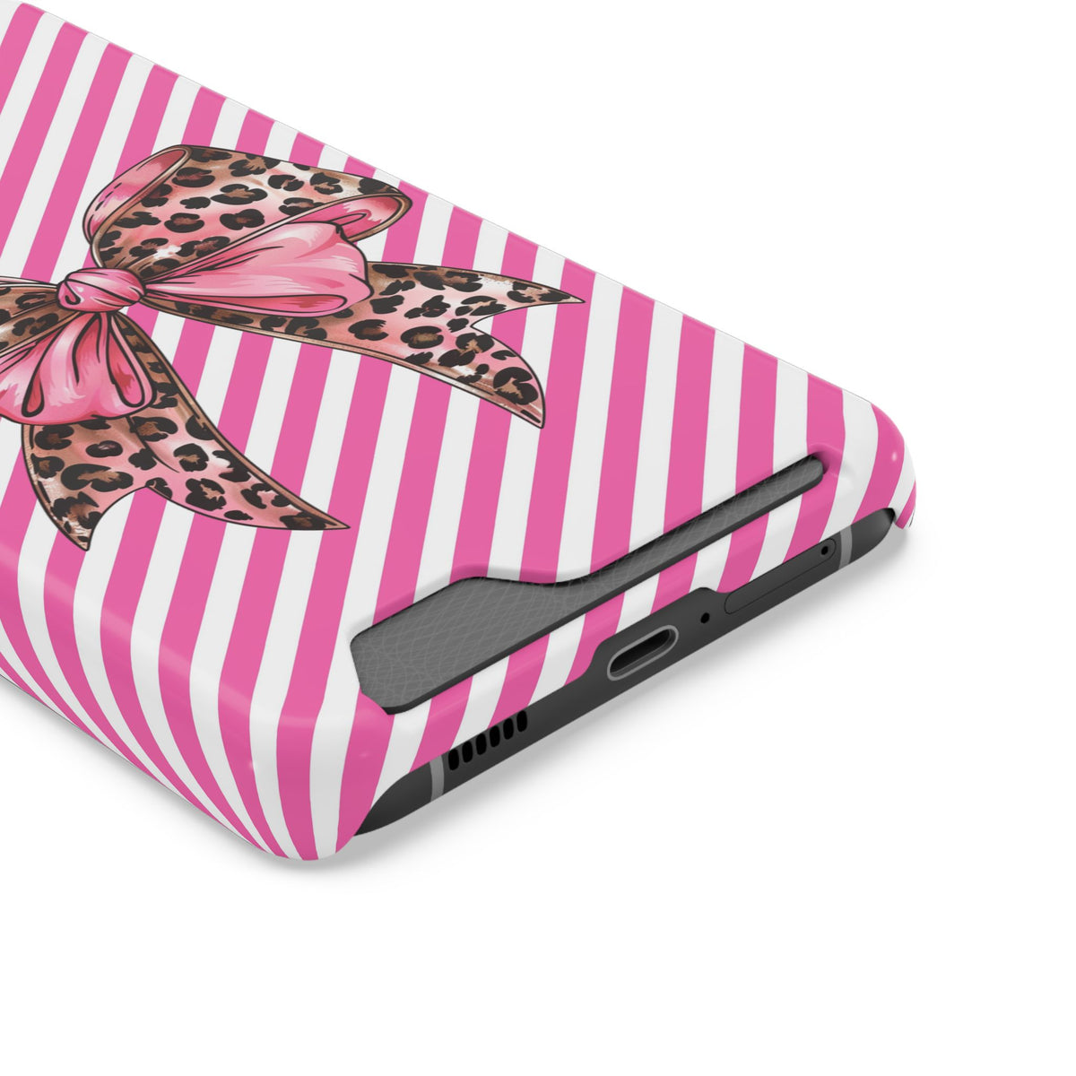 Leopard Bow phone case with card holder, close-up of the card slot