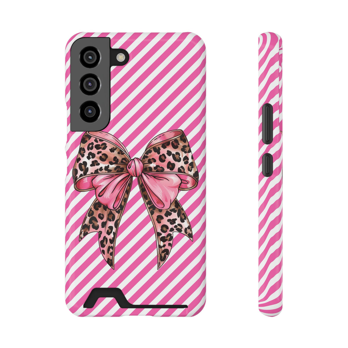 Leopard Bow phone case with card holder for Samsung Galaxy S22, glossy finish