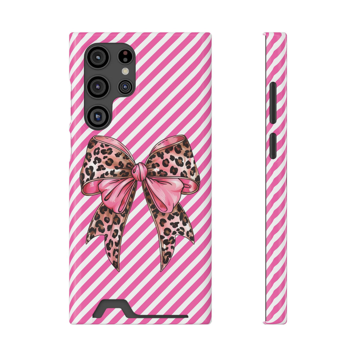 Leopard Bow phone case with card holder for Samsung Galaxy S22 Ultra, glossy finish