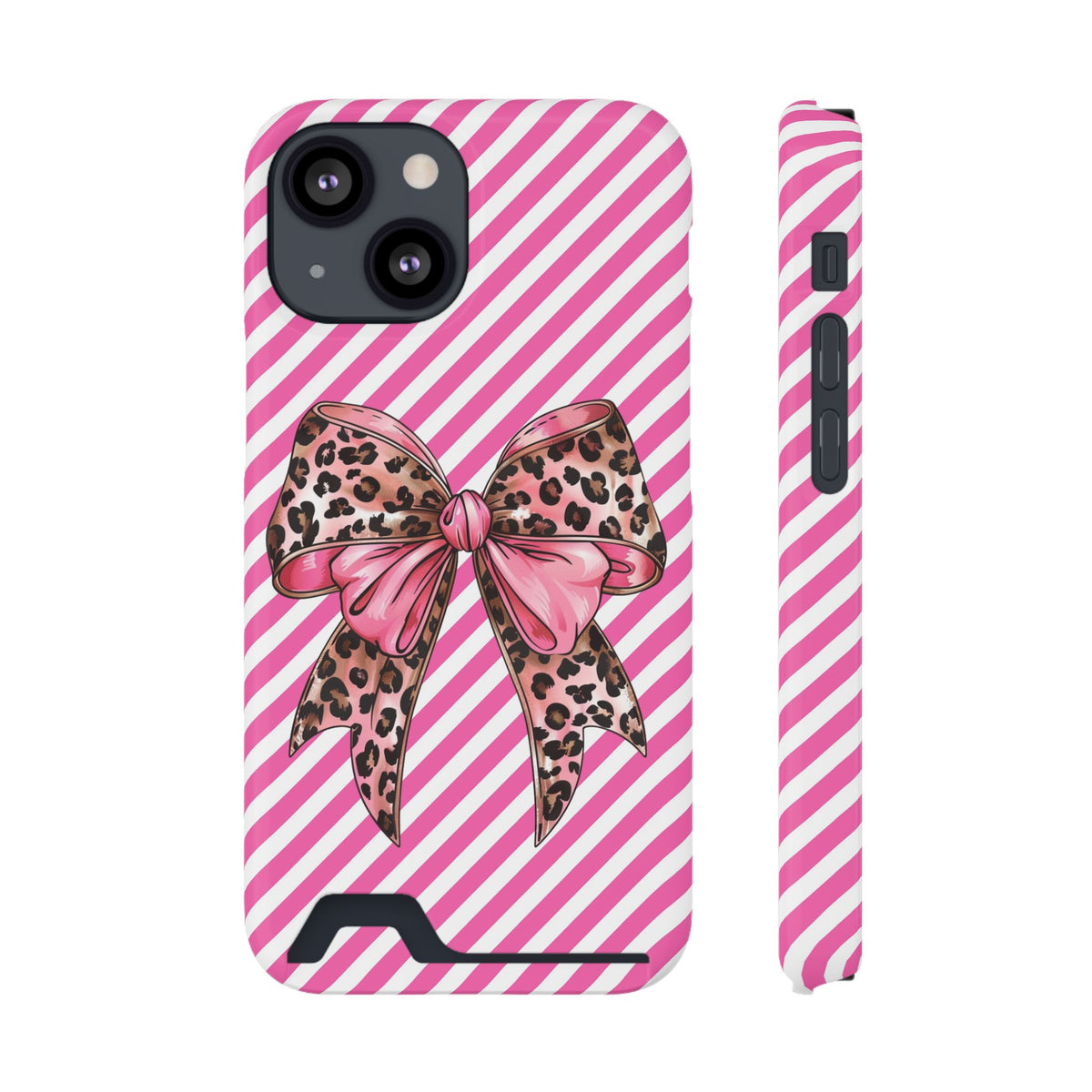 Leopard Bow phone case with card holder for iPhone 13 Mini, glossy finish