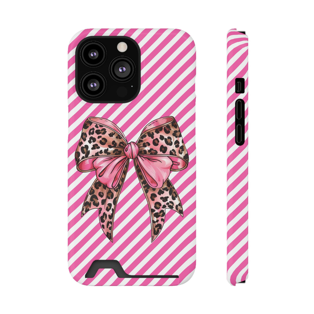Leopard Bow phone case with card holder for iPhone 13 Pro, glossy finish