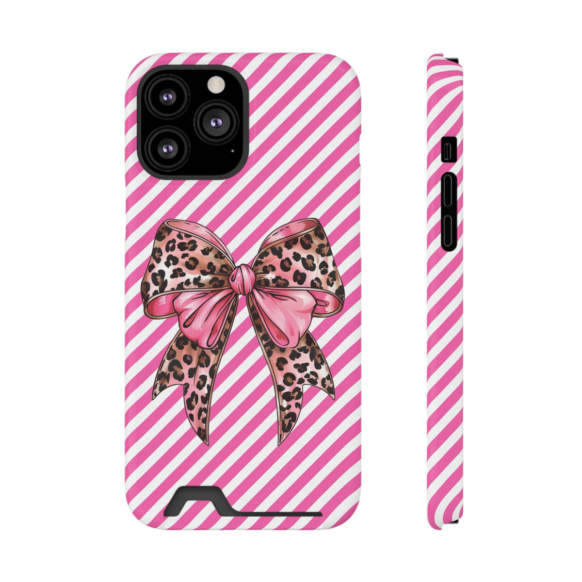 Leopard Bow phone case with card holder for iPhone 13 Pro Max, glossy finish