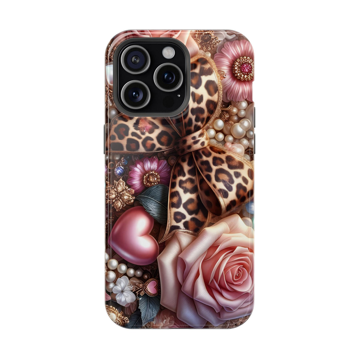Leopard Rose protective phone case for iPhone 15 Pro Max, glossy finish