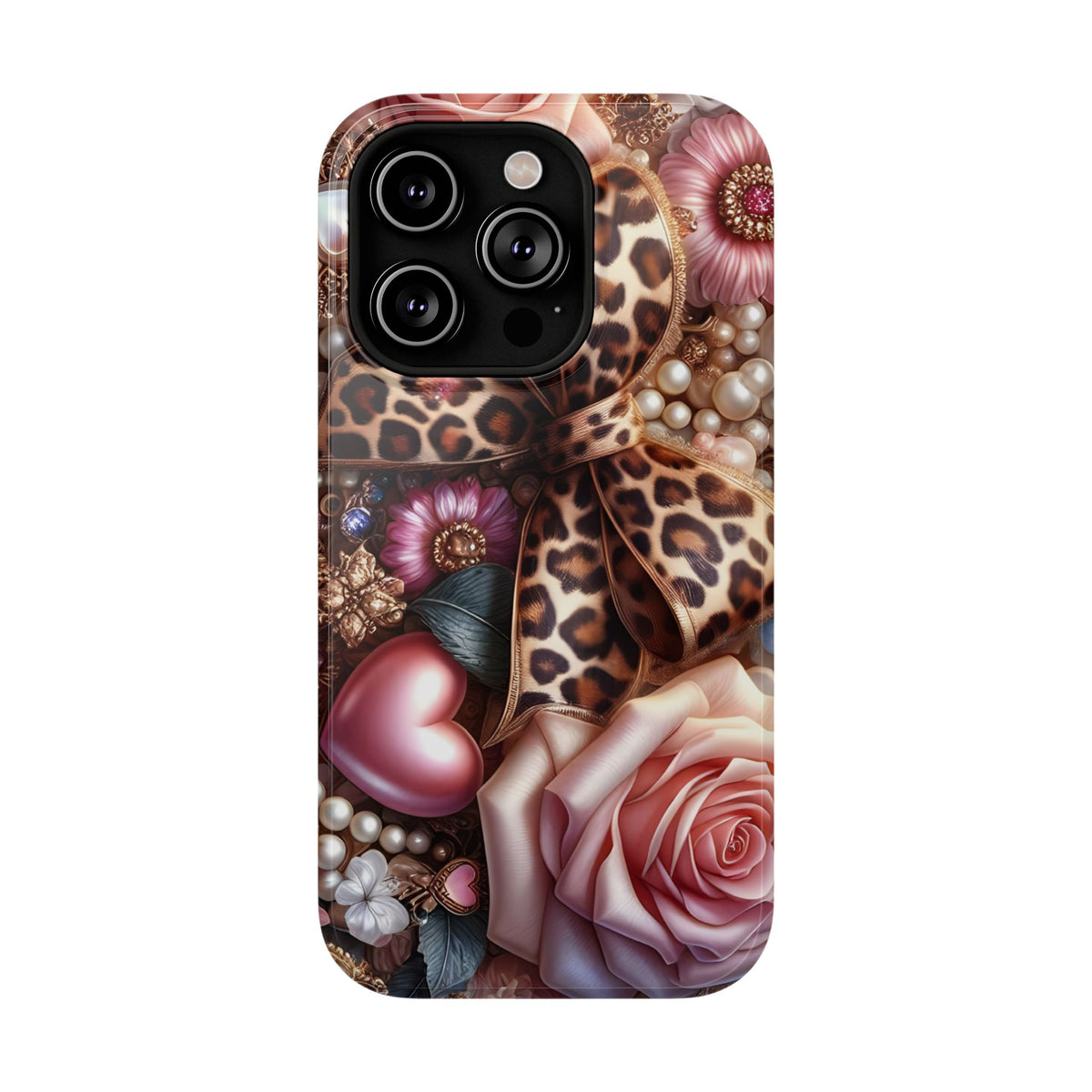 Leopard Rose protective phone case for iPhone 14 Pro, glossy finish