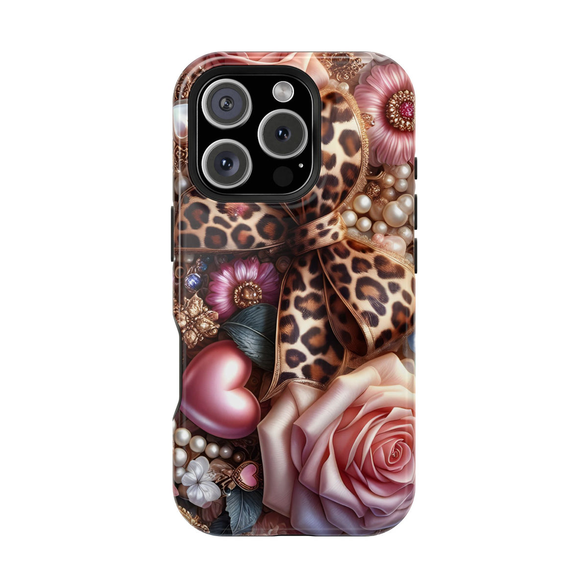 Leopard Rose protective phone case for iPhone 16 Pro, glossy finish