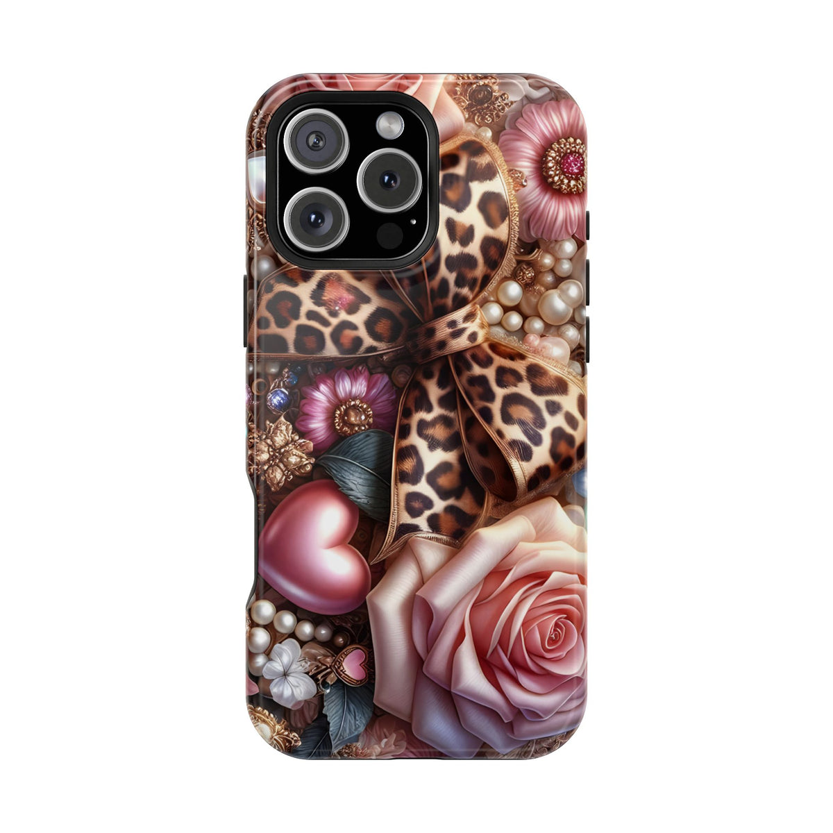 Leopard Rose protective phone case for iPhone 16 Pro Max, glossy finish