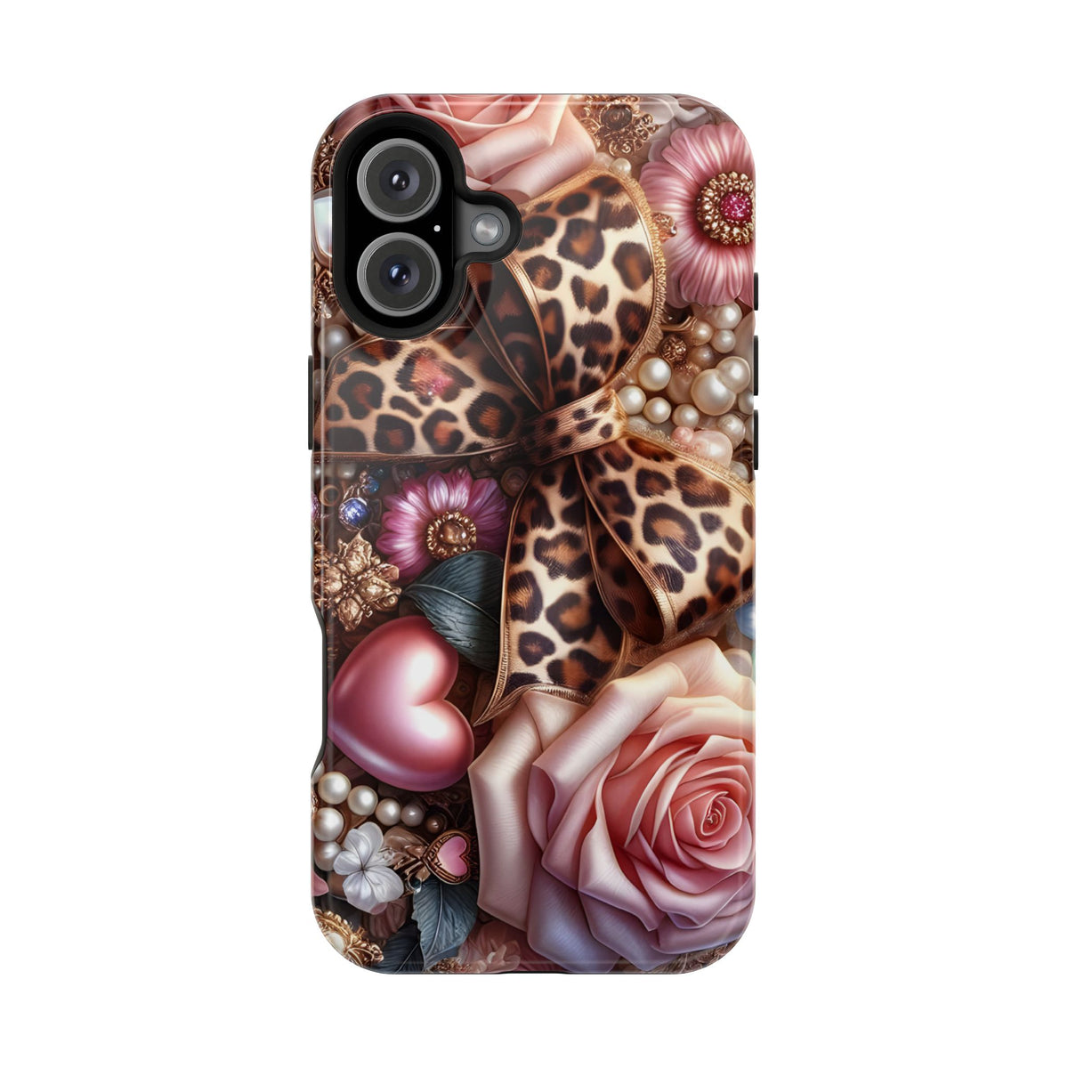 Leopard Rose protective phone case for iPhone 16 Plus, glossy finish