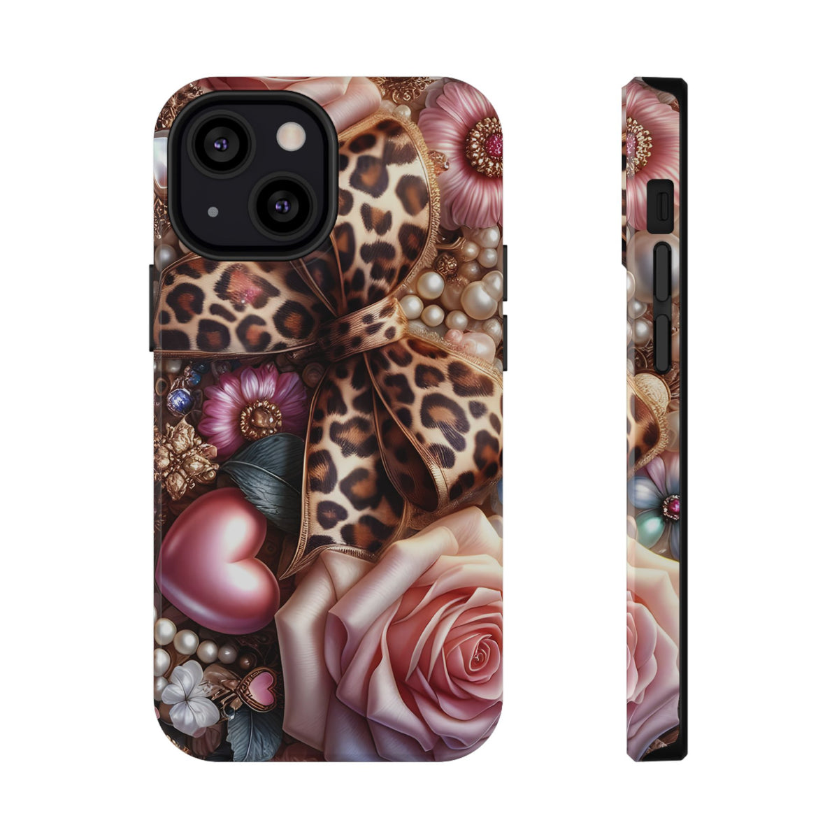 Leopard Rose protective phone case for iPhone 13 Mini, glossy finish