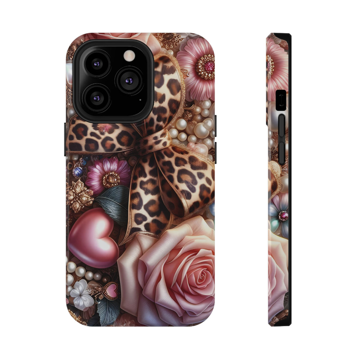 Leopard Rose protective phone case for iPhone 13 Pro, glossy finish