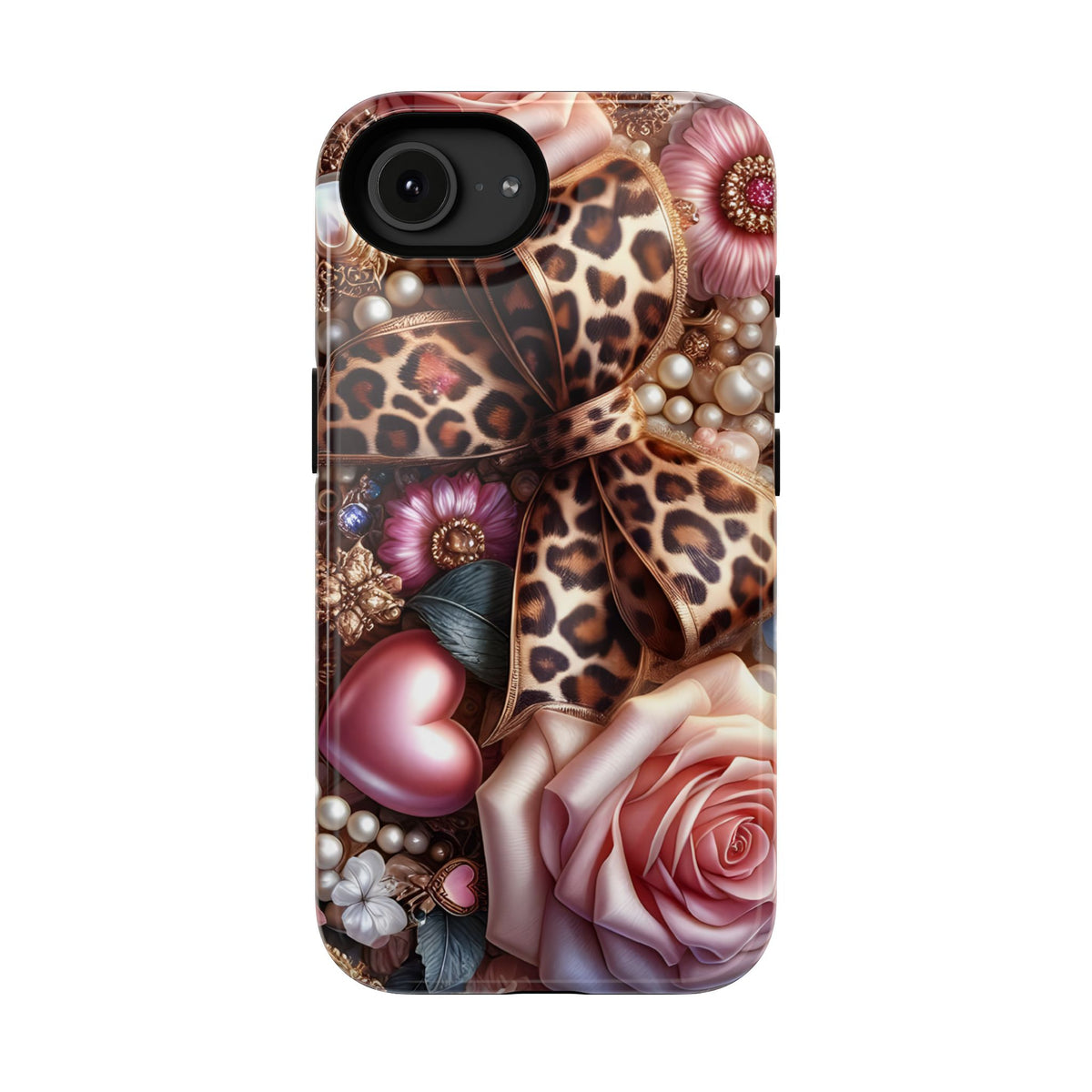 Leopard Rose protective phone case for iPhone 16e, glossy finish