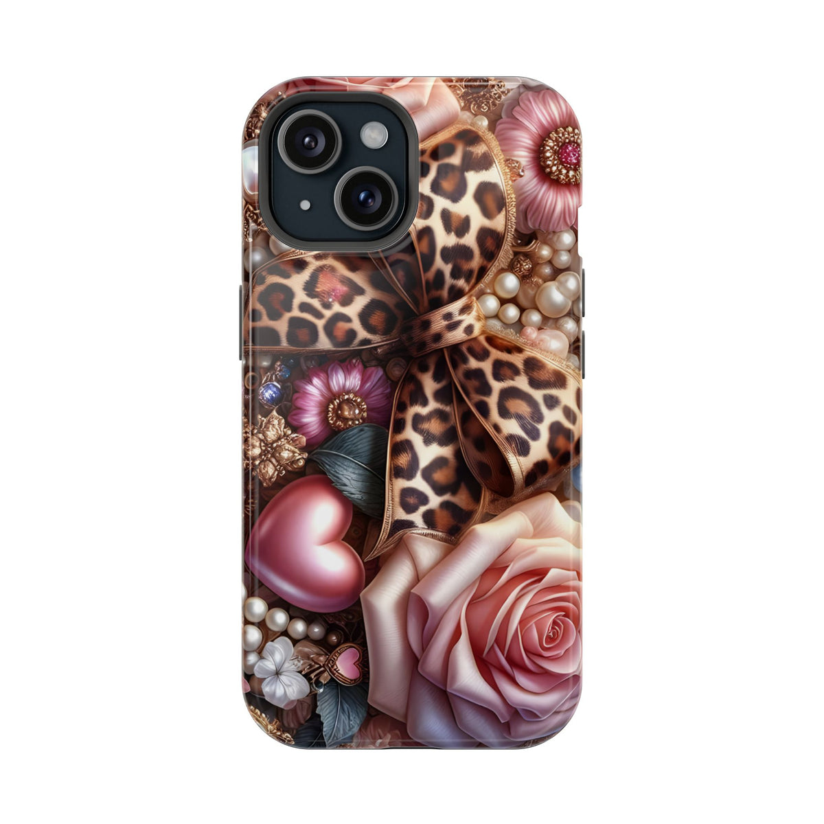 Leopard Rose MagSafe case for iPhone 15, glossy finish