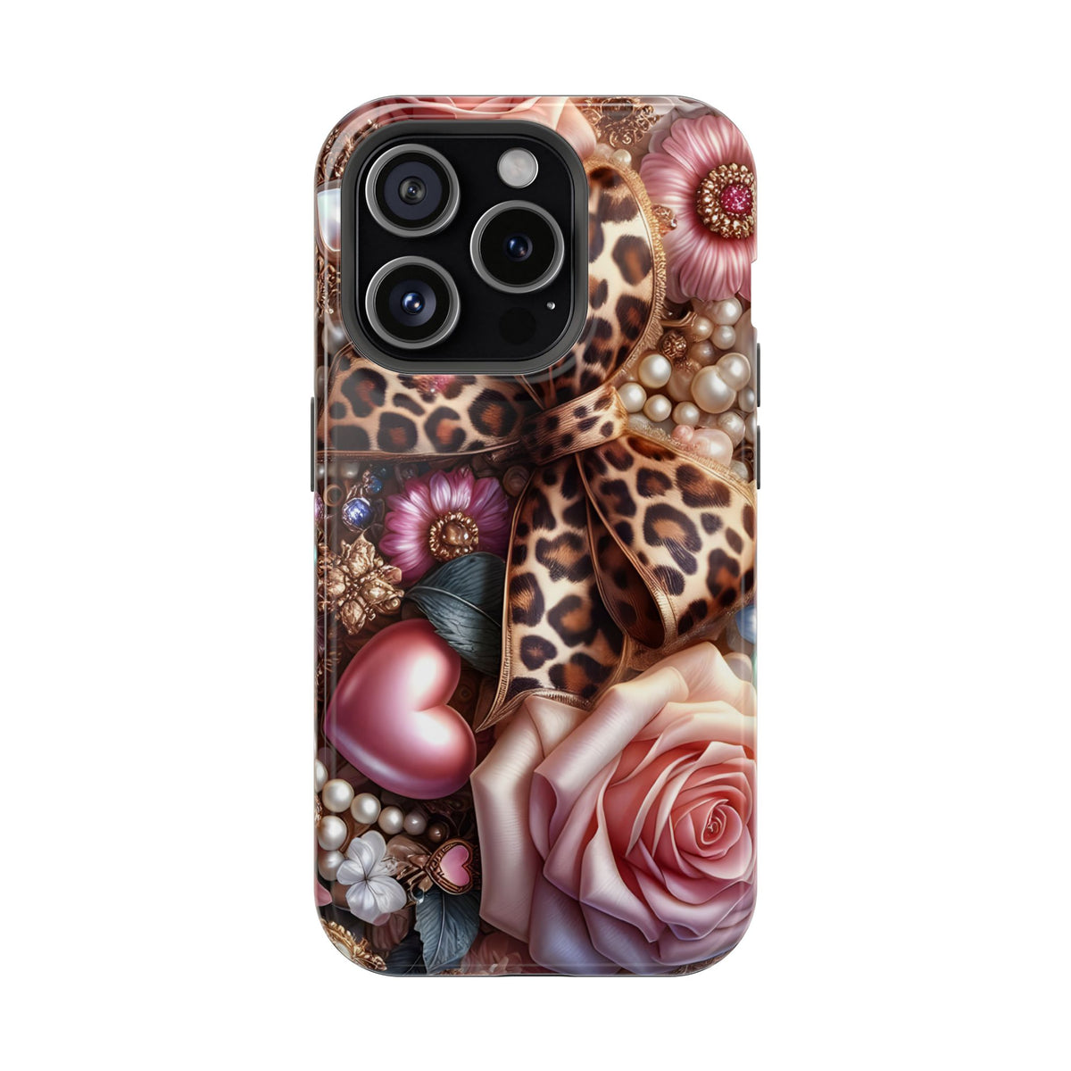 Leopard Rose MagSafe case for iPhone 15 Pro, glossy finish