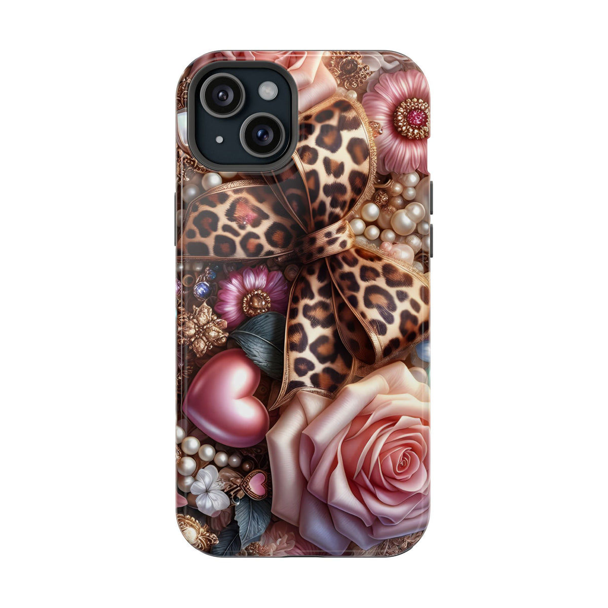 Leopard Rose MagSafe case for iPhone 15 Plus, glossy finish