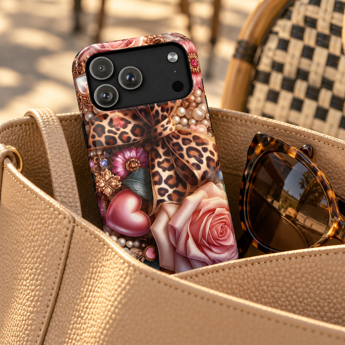Leopard Rose MagSafe case, a leopard bow with pink roses, hearts and pearls, lifestyle photo in a handbag