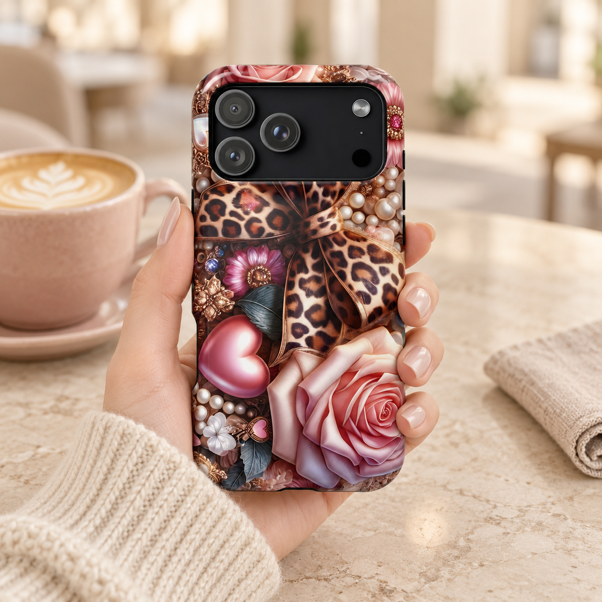 Leopard Rose MagSafe case, a leopard bow with pink roses, hearts and pearls, lifestyle photo in hand with coffee