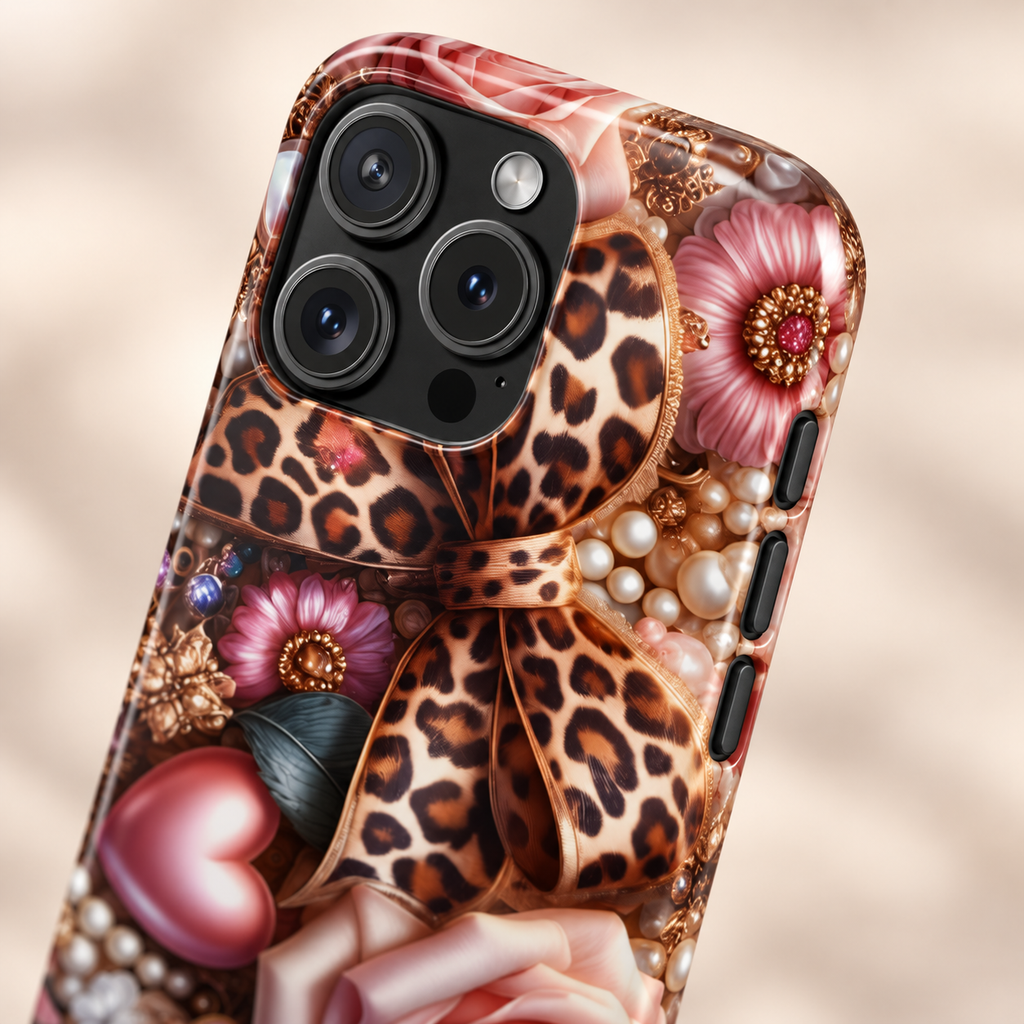 Leopard Rose MagSafe case, a leopard bow with pink roses, hearts and pearls, lifestyle close-up of the camera