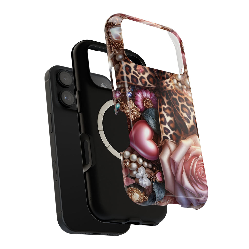Leopard Rose MagSafe case, close-up of the dual-layer construction