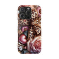 Leopard Rose phone case with card holder for iPhone 16 Pro, glossy finish