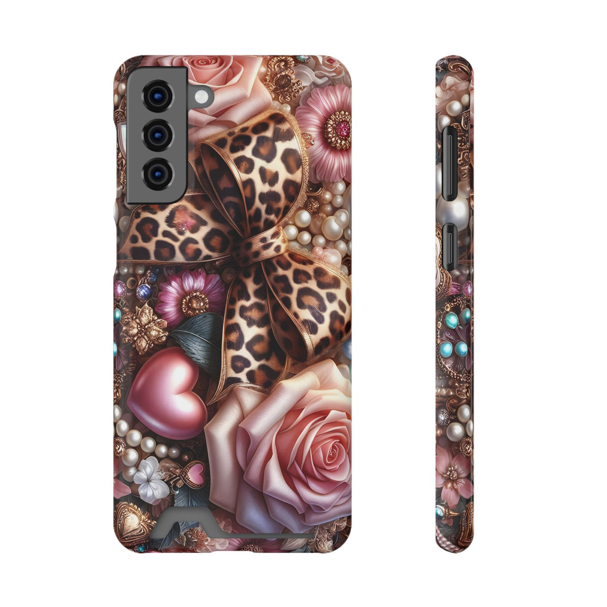 Leopard Rose phone case with card holder for Samsung Galaxy S21 Plus, glossy finish