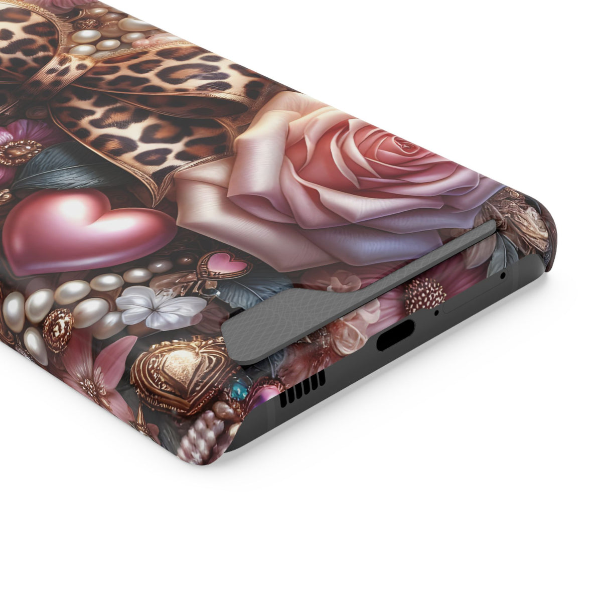 Leopard Rose phone case with card holder for Samsung Galaxy S21 Ultra, glossy finish