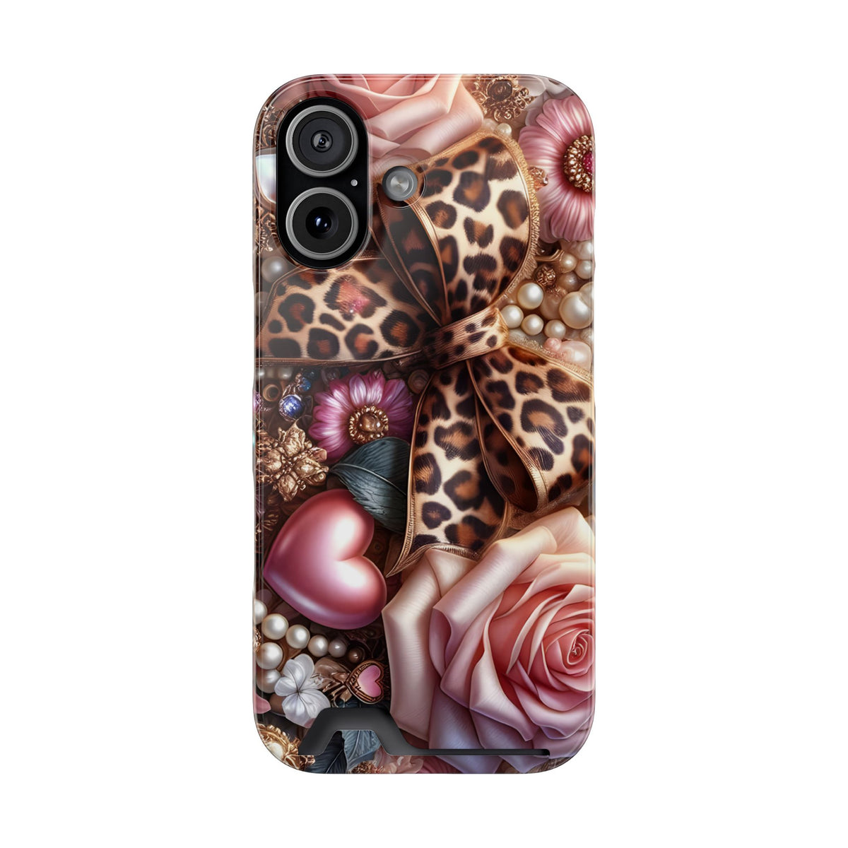 Leopard Rose phone case with card holder for iPhone 17, glossy finish