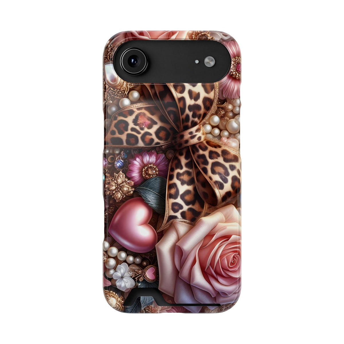 Leopard Rose phone case with card holder for iPhone 17 Air, glossy finish