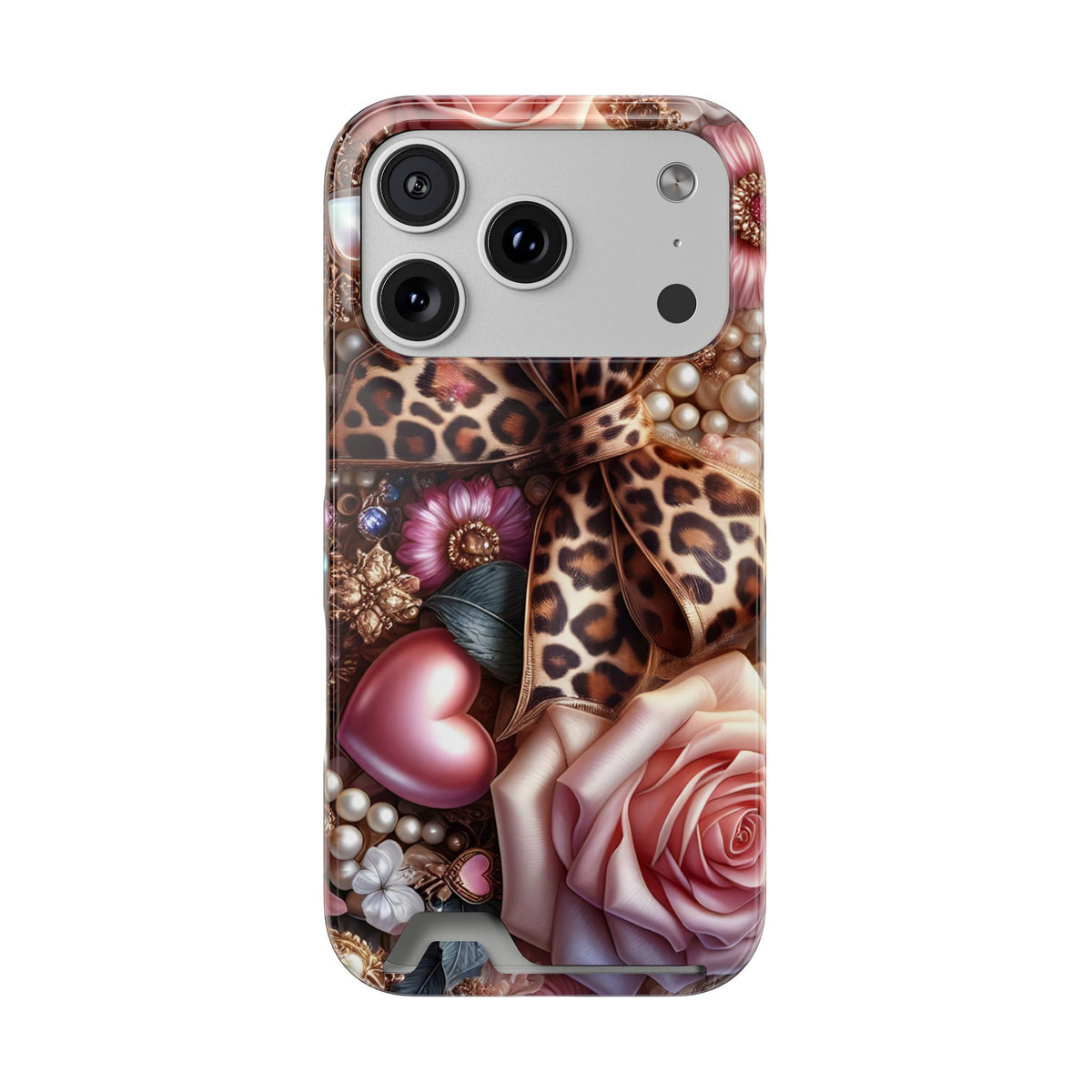 Leopard Rose phone case with card holder for iPhone 17 Pro, glossy finish