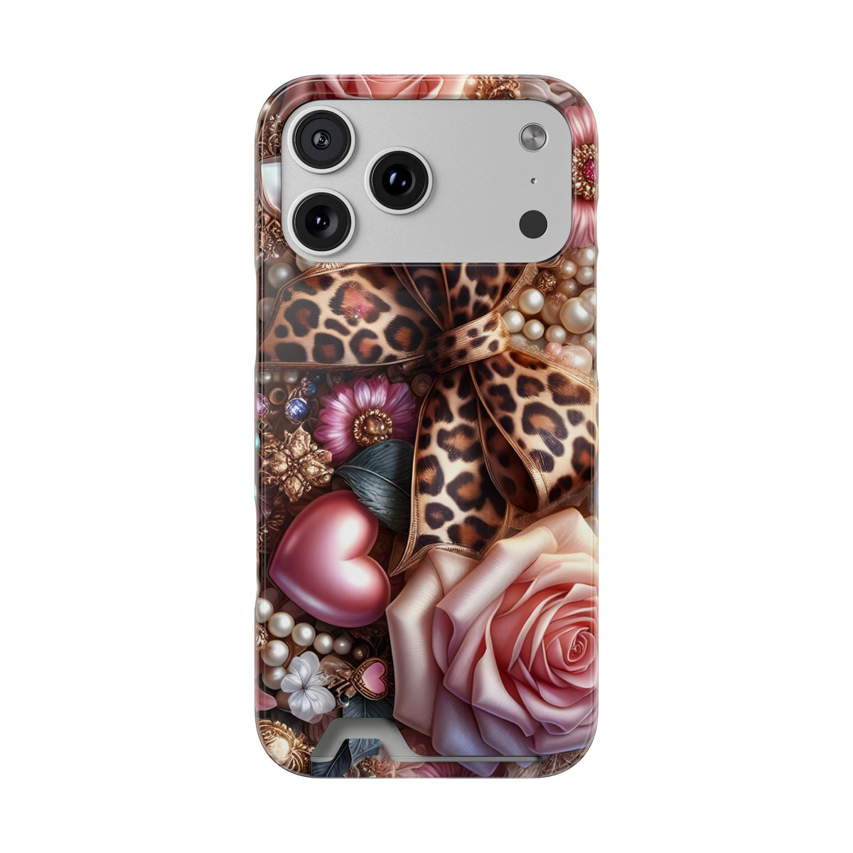 Leopard Rose phone case with card holder for iPhone 17 Pro Max, glossy finish