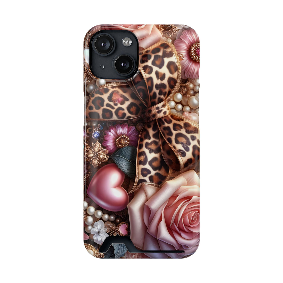 Leopard Rose phone case with card holder for iPhone 14, glossy finish