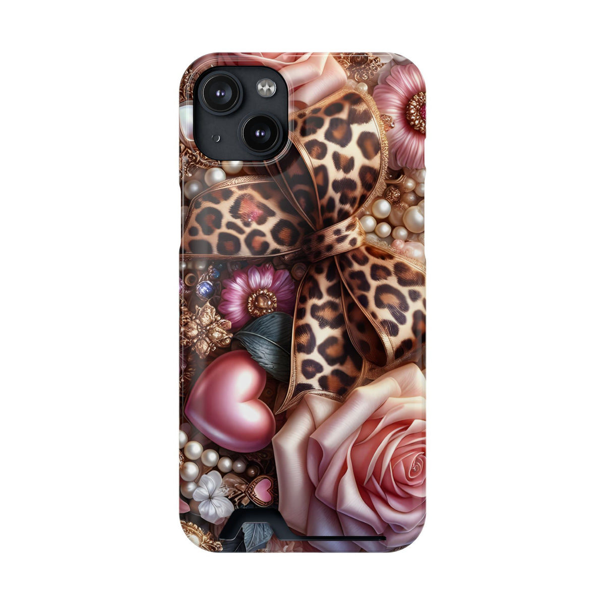 Leopard Rose phone case with card holder for iPhone 14 Plus, glossy finish