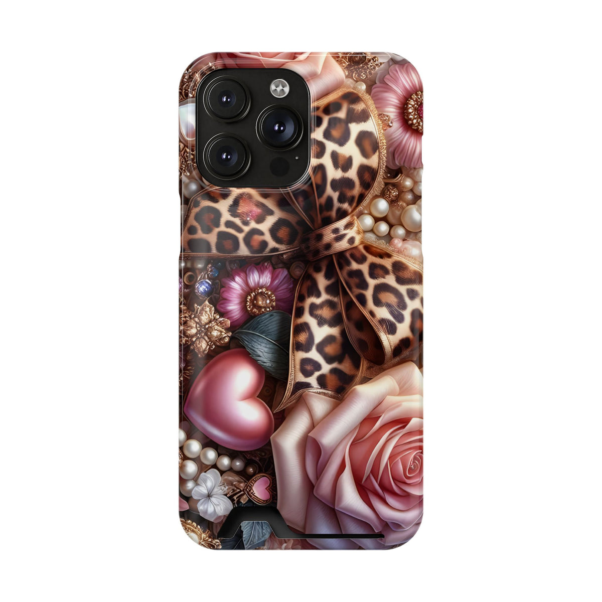Leopard Rose phone case with card holder for iPhone 14 Pro Max, glossy finish
