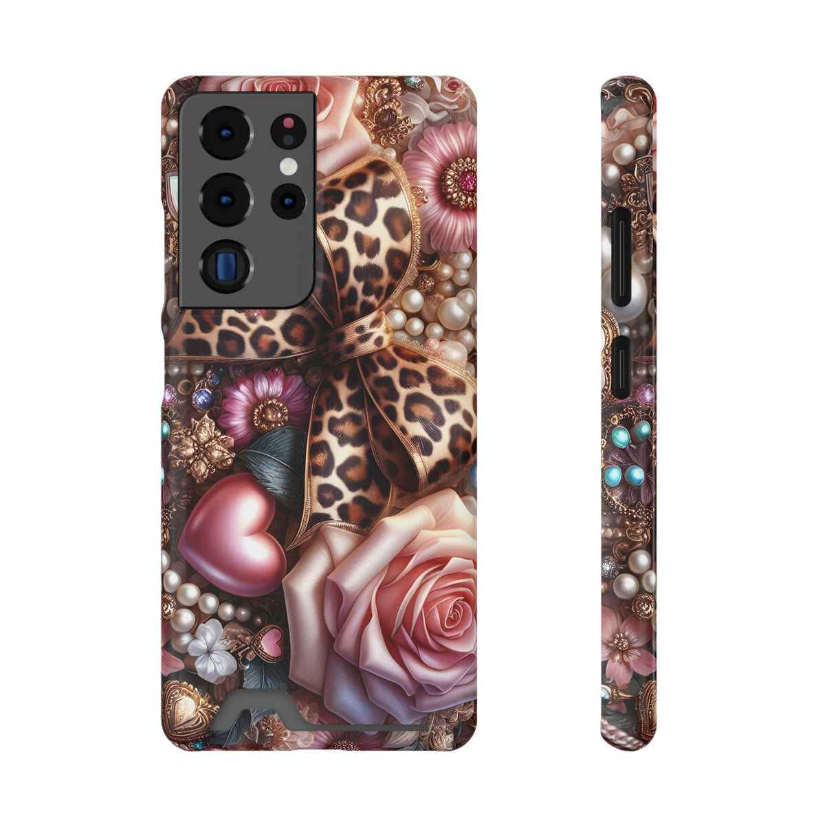 Leopard Rose phone case with card holder for Samsung Galaxy S22 Plus, glossy finish